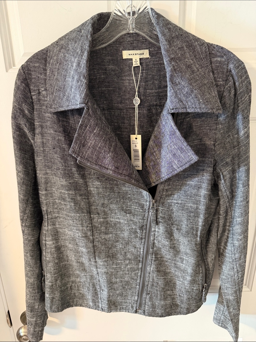 NWT Max Studio Linen-Blend Moto Jacket Heathered Black Lightweight Size Small